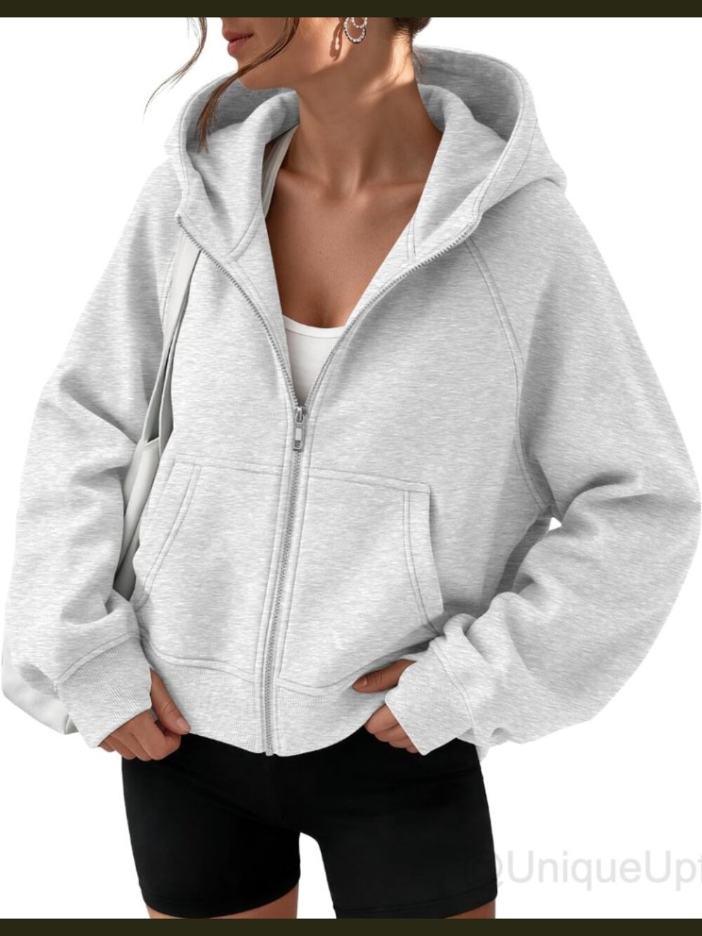 Womens Zip Up Fleece Hoodie Cropped Sweatshirt Thumb Hole